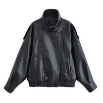 Rudens Dirbtinės Odos Striukė Moterims Laisvalaikio Vienspalvė Ilgomis Rankovėmis Užtrauktukas PU Odos Paltai Naujos Mados Moteriški Streetwear XS black