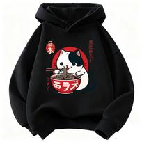 Japoniško stiliaus katė valgo ramen su gobtuvu Manga Vaikams Katė Vaikų džemperis su gobtuvu Mielas džemperis su gobtuvu berniukams ir mergaitėms Laisvalaikio džemperiai su gobtuvais Pavasaris 110 black