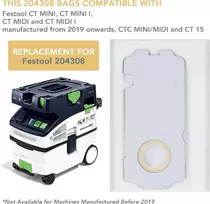 Festool 8 dulkių maišeliai Fe stool Sc-fis-ct Mini/midi-2 dulkių siurbliui 204308, skirti naudoti su Ct Mini ir Ct Midi nuo 2019 metų, 204308 dulkių maišeliai (8)