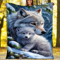 Snow Arctic Fox Fleece Blanket, Winter Animal Throw 80cm x 120cm gray