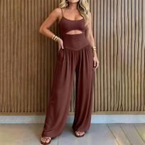 Women Sleeveless Jumpsuit Wide Leg Pants Loose Fit Casual Long Romper Spaghetti Strap One Piece Outfit with Cutout Detail S black