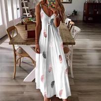 Hot-selling Sleeveless Slim-fit Feather Print Low-cut V-neck Spaghetti Strap Maxi Dress With Flared Hem XXL