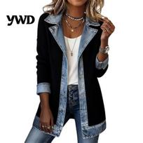 Denim Patchwork Jacket Women Jacket, Fall Winter Collared Button Long Sleeve Jean Blazer Coat for Daily Office Wear Retro Top M gray