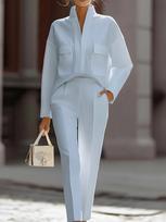 Women Solid Color Two Piece Set Lapel Long Sleeve Blazer High Waist Straight Pants Casual Office Suit XXXXL gray