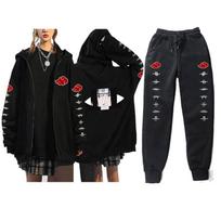 Mens Naruto Hooded Zip-Up Fleece-Lined Casual Tracksuit Set Long Sleeve Sweatshirt Pants XL black
