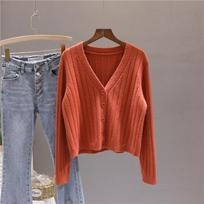 Autumn Versatile Short Style with Loose Mesh Red Long Sleeved V-neck Sweater Knit Cardigan Jacket Top for Women One Size brown