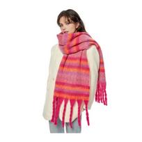 Žieminis šalikas Kašmyro pojūčio pliušinis šalikas su kutais, Sustorintas šiltas languotas žieminis ilgas šalikas 220cm pink
