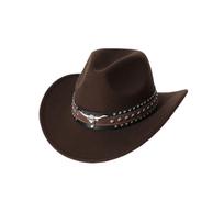 Western cowboy hat for men and women, vintage wide-brimmed hat with cow head decoration, belt style jazz hat, popular sun hat M（56-58cm） black