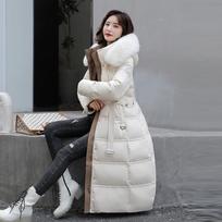 Women's Winter Long Sleeve Overcoat Down Cotton Jacket with Thick Fur Collar, Slim Fit Waist Belt, Korean Style XL black