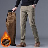 Utumn and Winter Fleece Men's Corduroy Casual Pants Chenille Thick Stretch Business Trousers Mid-rise Thermal Pants 27 gray