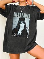 Retro Rihanna Rašto Marškinėliai Trumpomis Rankovėmis - Madingi Laisvalaikio Marškinėliai Su Ikonišku Portretu ir Parašo Spaudiniu, Puiki Dovana Muzikos Mylėtojams L gray