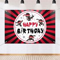 Ninja Happy Birthday Banner Backdrop Cartoon Japanese-style Ninja Theme Background Decor for Kids Boys Girls Warriors Bi 59x51.1inch/150*130cm black