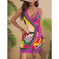 Sexy Fashion Digital Print Lace Up V Neck Sling Bodycon Mini Dress XL beige
