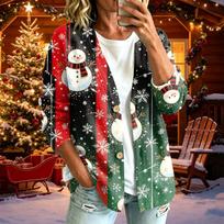 Women's Casual Christmas Print Long Sleeve Jacket for Fall Winter Holiday Wear L white