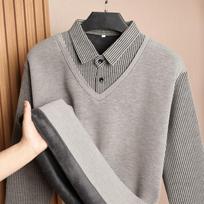 Men S Fleece Lined Long Sleeve Fake Two Piece Sweater Dad Base Layer Shirt 5XL gray