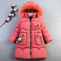 Girls Winter Padded Thickened Warm Jacket Comfortable Hooded Mid-Length Solid Colour Outerwear 130 pink