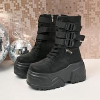 Punk Style Thick Bottom Women's Boots Belt Buckle Round Toe Height Increasing Lace-Up Fashion Women Shoes High Heels Short Botas 35 black