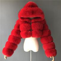 Moterų mados žiemos dirbtinio kailio apkarpytas paltas Pūkuotas, šiltas trumpas striukė su užtrauktuku, žieminė viršutinė mada Moteriški audinės paltai XXXXXL red