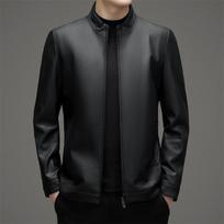 Genuine Leather Jacket Men's Spring and Autumn Velvet Thickened Middle-aged Dad Sheepskin Casual Stand-up Collar Jacket 175 black