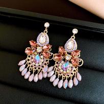 Silver needle retro ethnic style diamond-encrusted water drop glass fringed earrings stud earrings personalized earrings brown