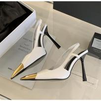 Designer Street Style Back Strap Pumps Women Sexy Splicing Pointed Toe Elegant Thin Low Heels Mule Party Dress Shoes Sandal 36 white