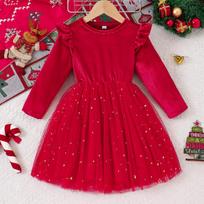 European & American Style Girls' Christmas Gold Velvet Star Mesh Dress 110 cm red