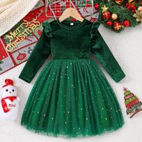 European & American Style Girls' Christmas Gold Velvet Star Mesh Dress 130 cm žalia