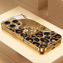 Liūto ir leopardo rašto auksinės metalinės dažytos stiklinės telefono dėklas, skirtas iPhone 17 Pro Max 16 15 14 13 12 11 Pro 15 14 Plus 17 Air 16E iPhone Air brown