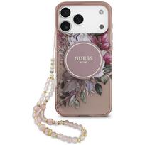 Guess IML Flowers Pearl Strap MagSafe dėklas, skirtas Apple iPhone 18 Pro / 17 Pro, rožinis