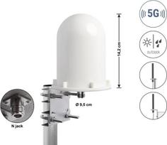 Delock 60769 5G LTE antena, N lizdas, 3-5 dBi, fiksuota daugiakryptė, tvirtinama prie sienos ir stiebo, lauko, balta, 14,2 cm
