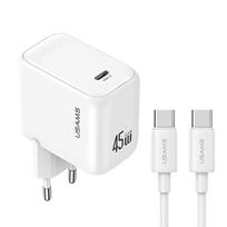 USAMS CC339 T76 45W GaN USB-C sieninis įkroviklis su SJ711 USB-C – USB-C kabeliu (1 m), baltas