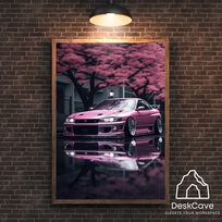 Plakatas „Nissan Silvia“ – A4 (21 × 30 cm), su medžio spalvos rėmeliu ir tvirtinimu