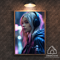 Plakatas „Cyber Girl with Headphones“ – A3 (30 × 42 cm), su medžio spalvos rėmeliu ir tvirtinimu