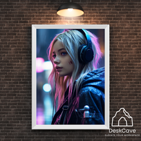 Plakatas „Cyber Girl with Headphones“ – A1 (59 × 84 cm), su baltu rėmeliu ir tvirtinimu