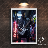 Plakatas „Cyber Man with Guitar“ – A2 (42 × 59 cm), su baltu rėmeliu ir tvirtinimu