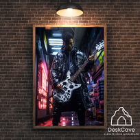 Plakatas „Cyber Man with Guitar“ – A2 (42 × 59 cm), su medžio spalvos rėmeliu ir tvirtinimu