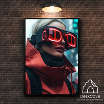 Plakatas „Cyber Red Coated Woman“ – A3 (30 × 42 cm), su juodu rėmeliu ir tvirtinimu