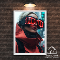 Plakatas „Cyber Red Coated Woman“ – A2 (42 × 59 cm), su baltu rėmeliu ir tvirtinimu