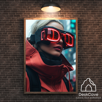 Plakatas „Cyber Red Coated Woman“ – A2 (42 × 59 cm), su medžio spalvos rėmeliu ir tvirtinimu