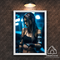 Plakatas „Cyber Blue Girl“ – A3 (30 × 42 cm), su baltu rėmeliu ir tvirtinimu