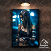 Plakatas „Cyber Blue Girl“ – A1 (59 × 84 cm), su juodu rėmeliu ir tvirtinimu