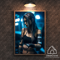 Plakatas „Cyber Blue Girl“ – A1 (59 × 84 cm), su medžio spalvos rėmeliu ir tvirtinimu