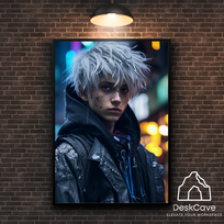 Plakatas „Cyber White Haired Guy“ – A2 (42 × 59 cm), su juodu rėmeliu ir tvirtinimu