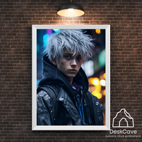 Plakatas „Cyber White Haired Guy“ – A1 (59 × 84 cm), su baltu rėmeliu ir tvirtinimu