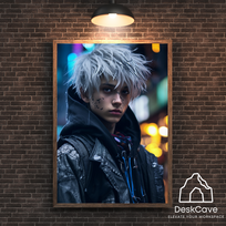 Plakatas „Cyber White Haired Guy“ – A1 (59 × 84 cm), su medžio spalvos rėmeliu ir tvirtinimu