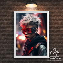 Plakatas „Cyber White Haired Boy“ – A3 (30 × 42 cm), su baltu rėmeliu ir tvirtinimu