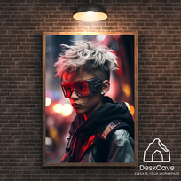Plakatas „Cyber White Haired Boy“ – A2 (42 × 59 cm), su medžio spalvos rėmeliu ir tvirtinimu