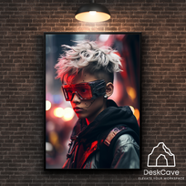 Plakatas „Cyber White Haired Boy“ – A2 (42 × 59 cm), su juodu rėmeliu ir tvirtinimu