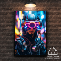 Plakatas „Cyber Man with Goggles“ – A2 (42 × 59 cm), su juodu rėmeliu ir tvirtinimu
