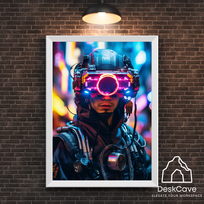 Plakatas „Cyber Man with Goggles“ – A2 (42 × 59 cm), su baltu rėmeliu ir tvirtinimu